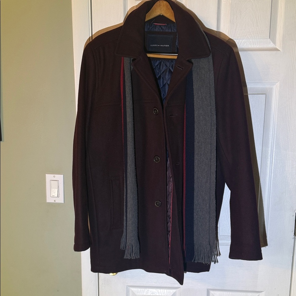 Tommy Hilfiger Maroon Pea Coat with Striped Scarf